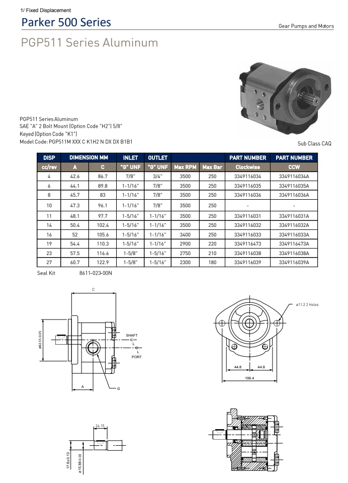 PARKER Parker 500 Series Gear Pumps And Motors PGP505 PGP511 PGP517